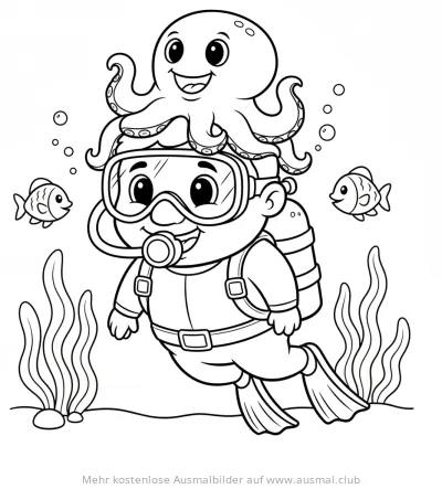 Taucher mit Oktopus auf dem Kopf Ausmalbild