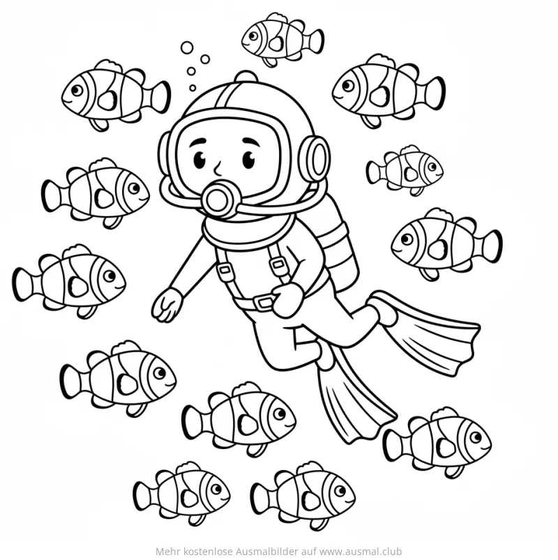 Taucher umgeben von Clownfischen Ausmalbild