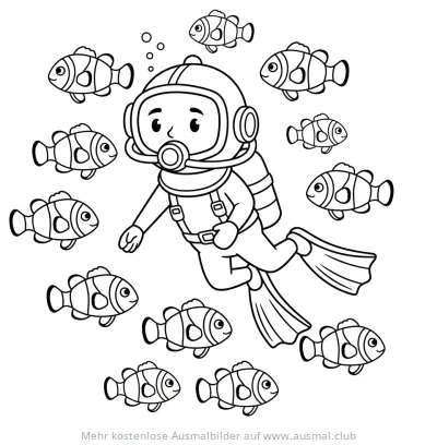Taucher umgeben von Clownfischen Ausmalbild