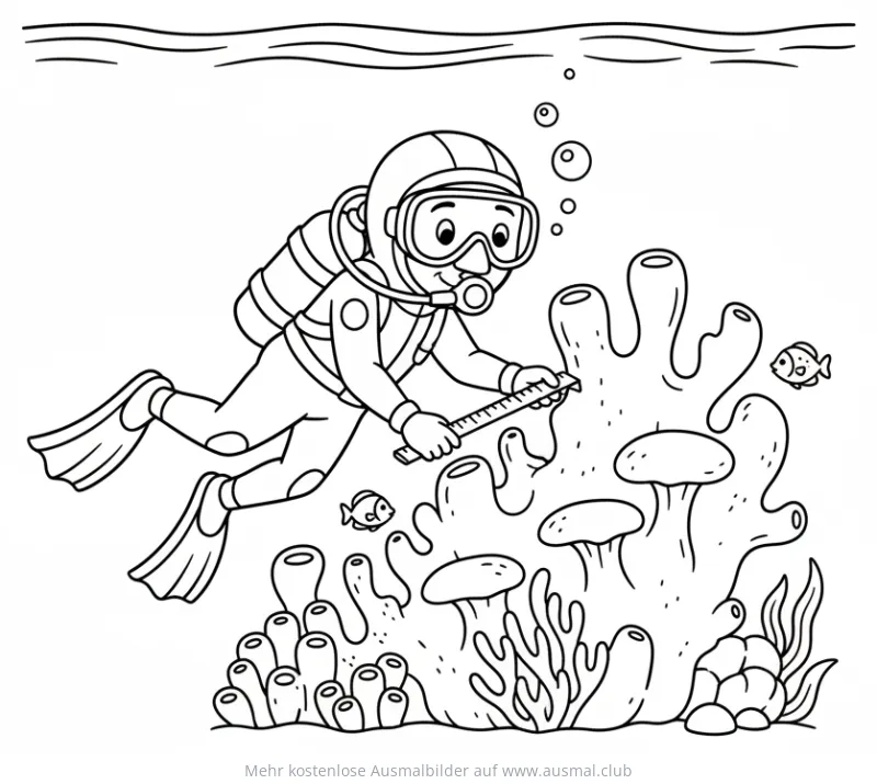 Taucher misst Korallen mit Lineal Ausmalbild