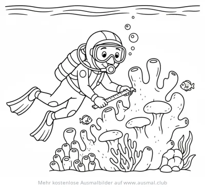 Taucher misst Korallen mit Lineal Ausmalbild