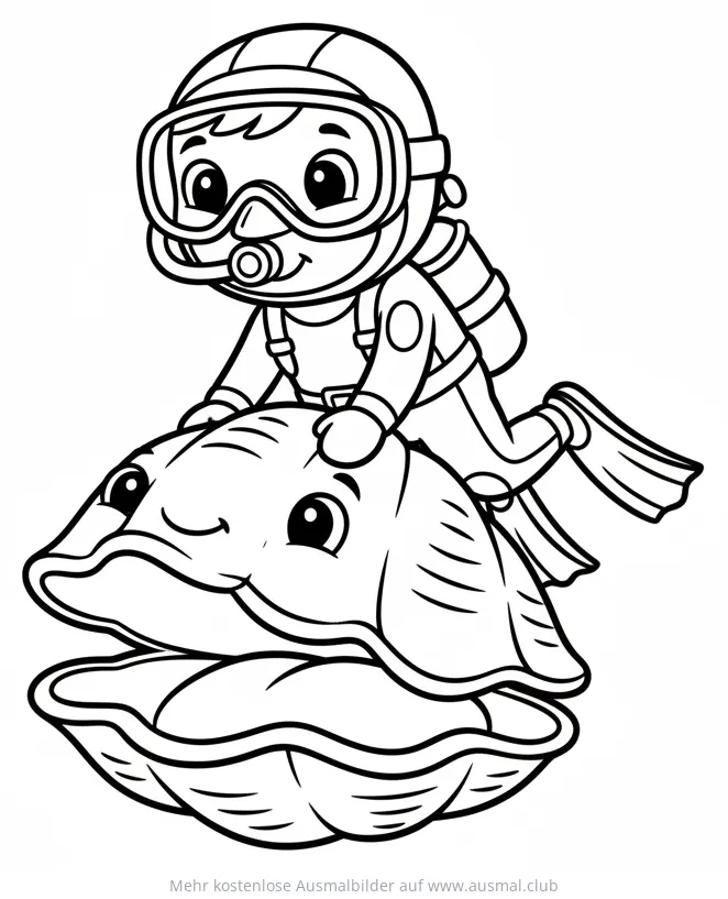 Taucher reitet auf lächelnder Muschel Ausmalbild