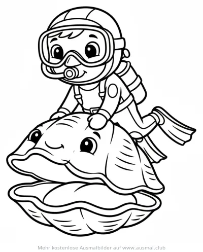 Taucher reitet auf lächelnder Muschel Ausmalbild