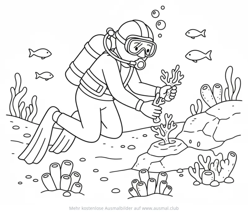 Taucher pflanzt Korallen Ausmalbild