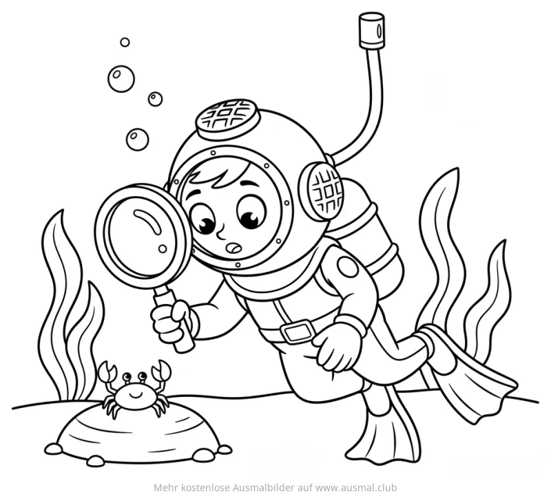 Taucher mit Lupe und Krebs Ausmalbild
