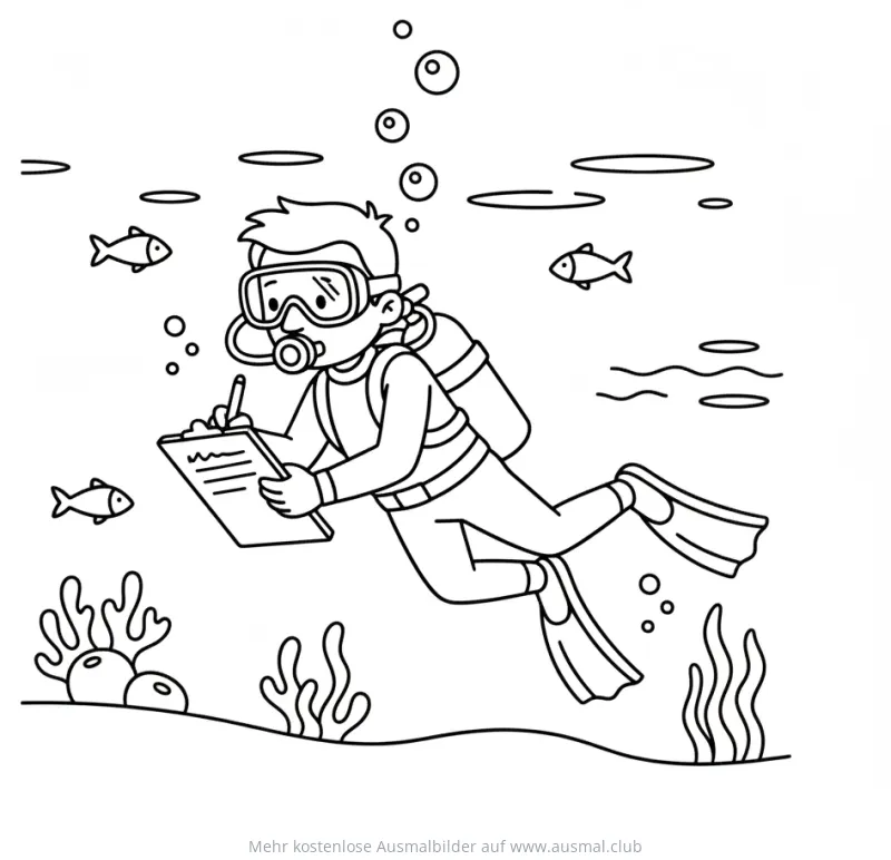 Taucher mit Taucherausrüstung und Klemmbrett Ausmalbild