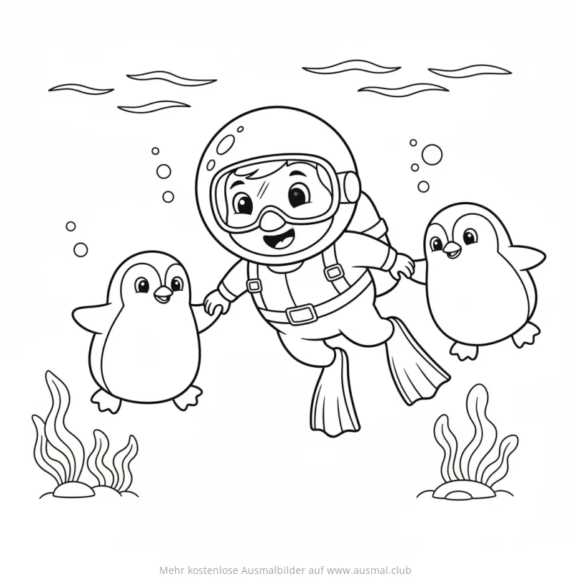 Taucherjunges mit Pinguinen unter Wasser Ausmalbild
