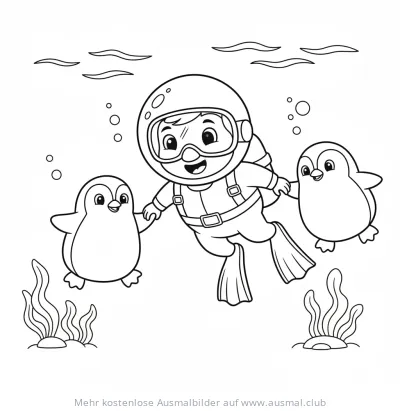 Taucherjunges mit Pinguinen unter Wasser Ausmalbild