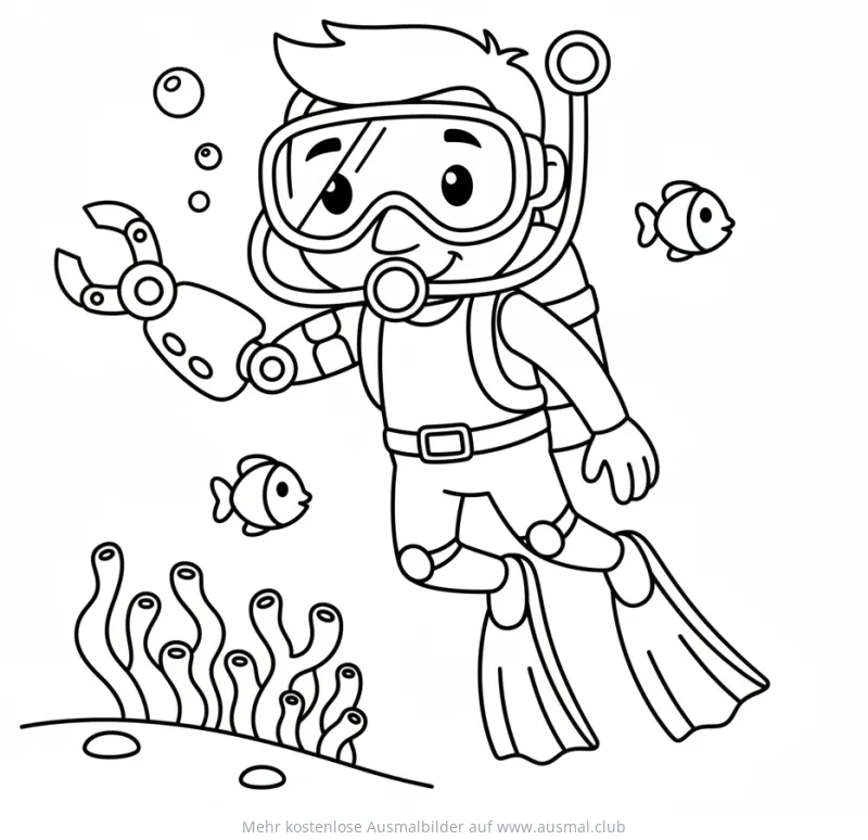 Taucher mit Roboterarm und Fischen Ausmalbild