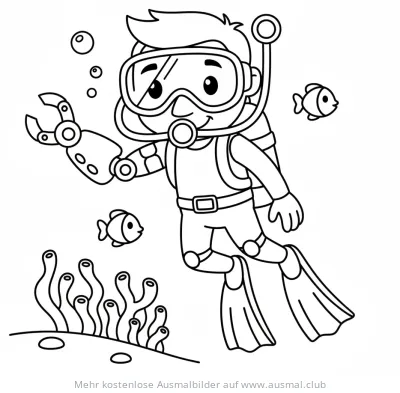 Taucher mit Roboterarm und Fischen Ausmalbild