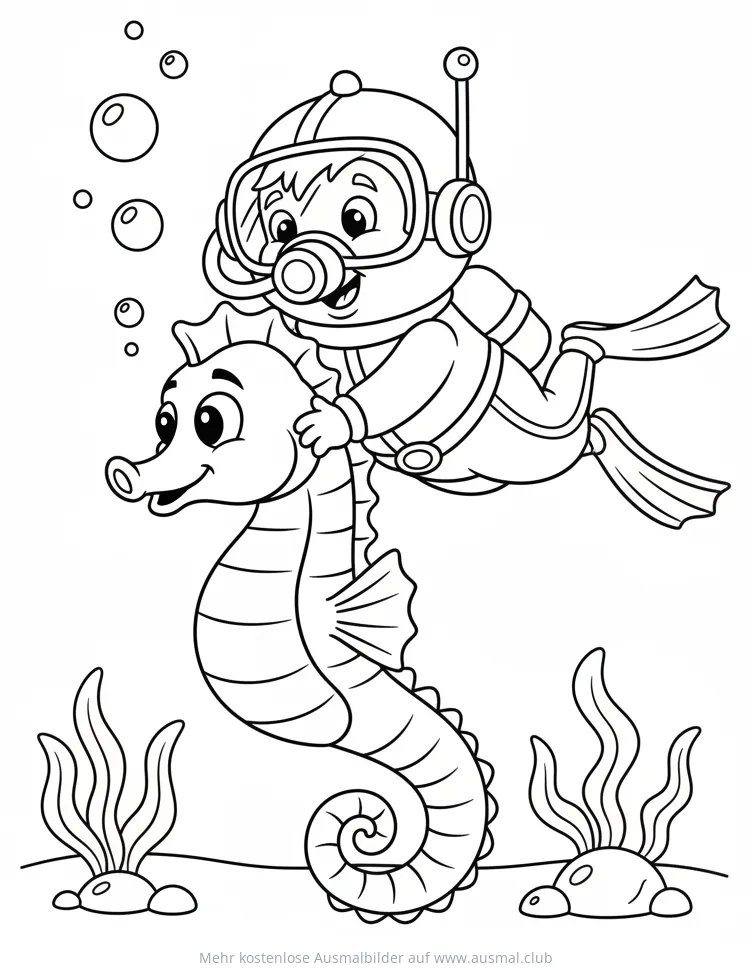 Taucher reitet auf Seepferdchen Ausmalbild