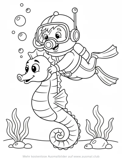 Taucher reitet auf Seepferdchen Ausmalbild