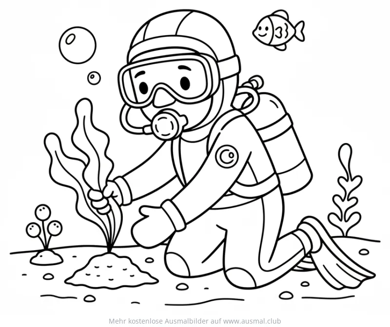 Taucher untersucht Seegras am Meeresgrund Ausmalbild