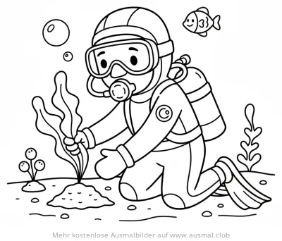Taucher untersucht Seegras am Meeresgrund Ausmalbild