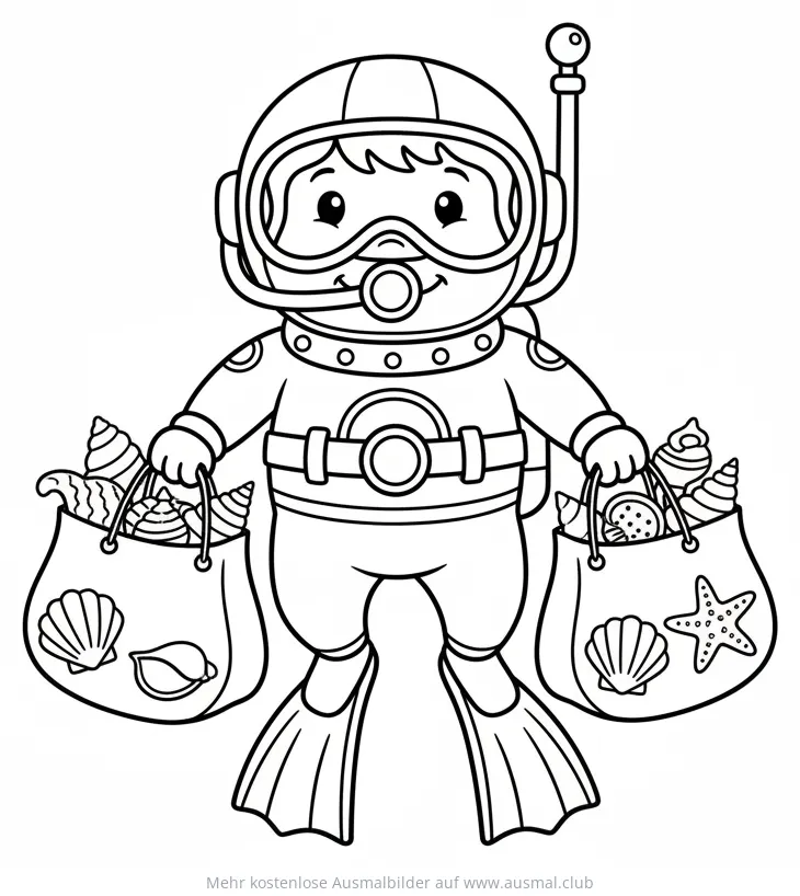 Taucher mit vollen Muscheltaschen Ausmalbild