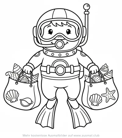 Taucher mit vollen Muscheltaschen Ausmalbild