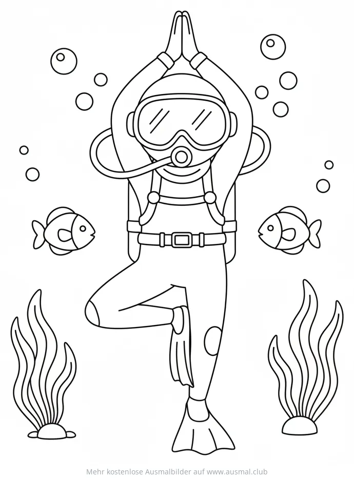 Taucher macht Yoga unter Wasser Ausmalbild