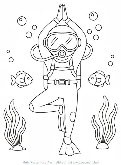 Taucher macht Yoga unter Wasser Ausmalbild