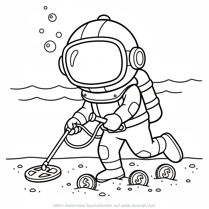 Taucher mit Metalldetektor und Münzen Ausmalbild