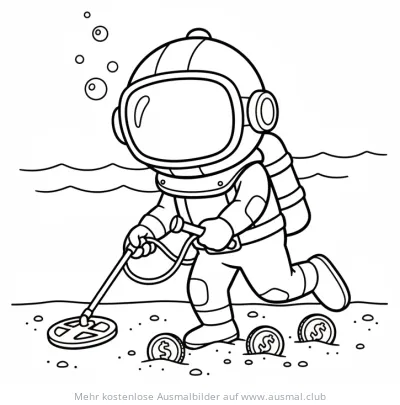 Taucher mit Metalldetektor und Münzen Ausmalbild