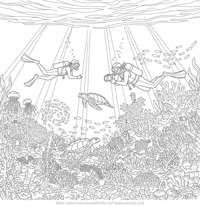 Zwei Taucher im Korallenriff mit Schildkröten und Fischen Ausmalbild