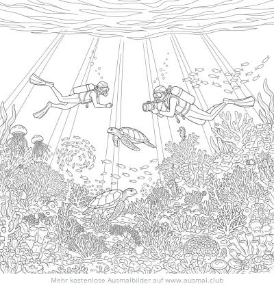 Zwei Taucher im Korallenriff mit Schildkröten und Fischen Ausmalbild