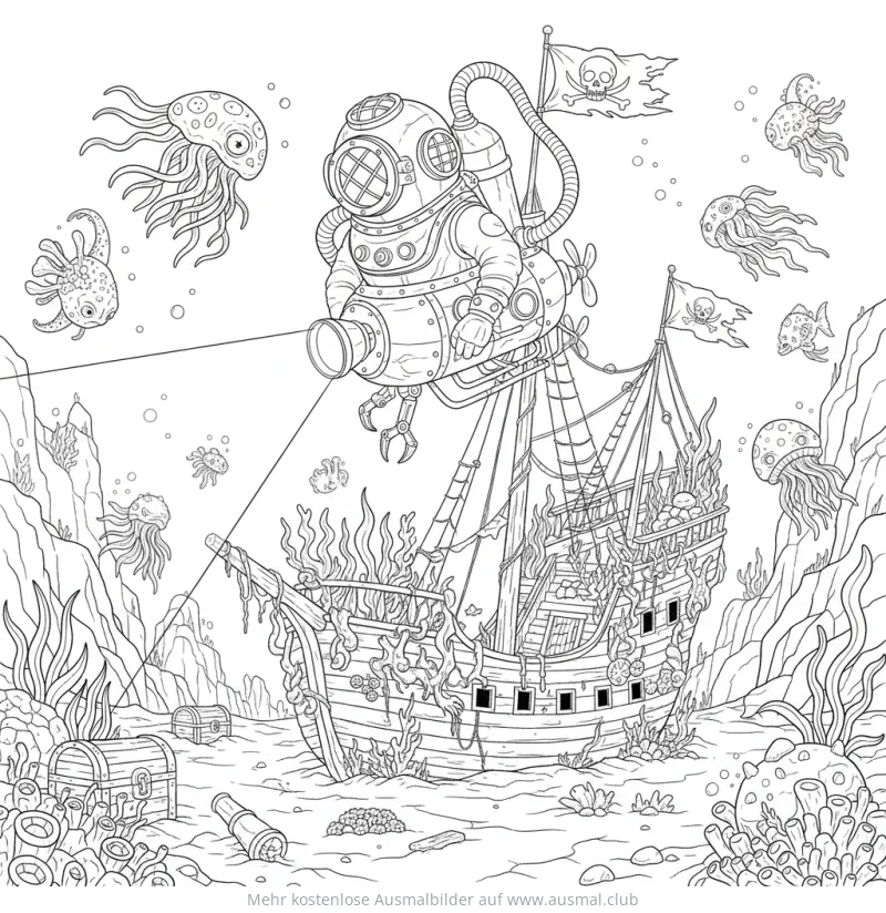 Taucher in Tiefsee mit gesunkenem Schiff Ausmalbild