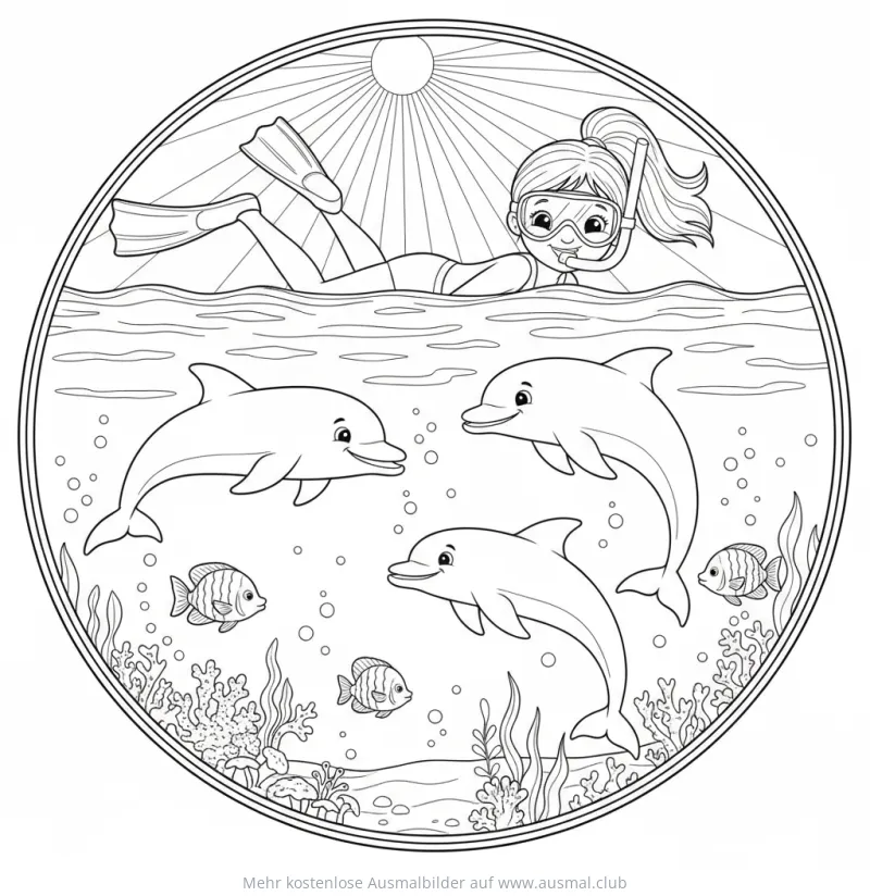 Taucherin mit Delfinen und Fischen im Meer Ausmalbild