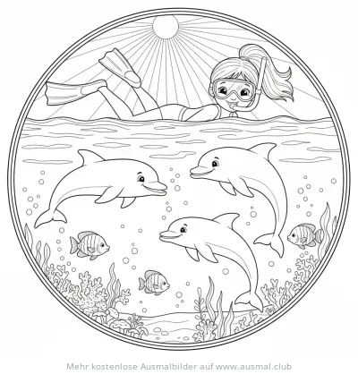Taucherin mit Delfinen und Fischen im Meer Ausmalbild