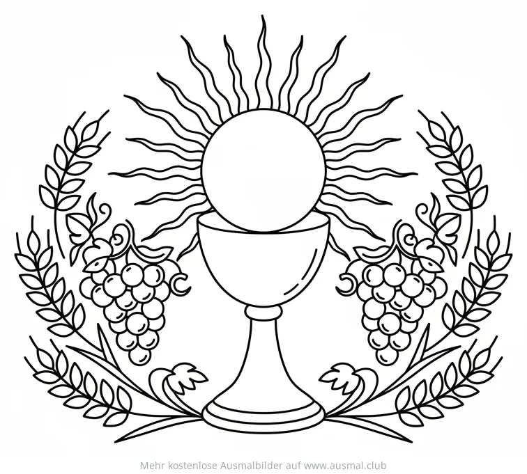 Abendmahl mit Kelch, Hostie, Weintrauben und Getreide Ausmalbild
