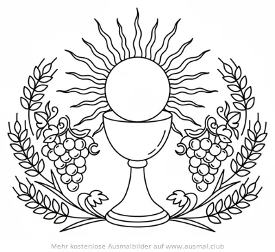 Abendmahl mit Kelch, Hostie, Weintrauben und Getreide Ausmalbild