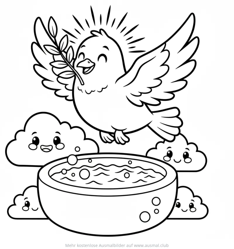 Taube mit Olivenzweig über Taufbecken Ausmalbild
