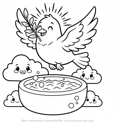 Taube mit Olivenzweig über Taufbecken Ausmalbild