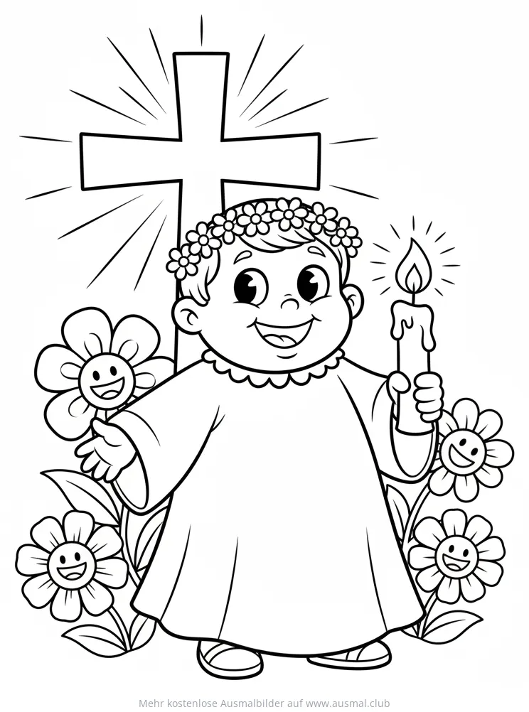 Kommunionkind mit Kerze, Kreuz und Blumen Ausmalbild