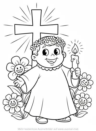 Kommunionkind mit Kerze, Kreuz und Blumen Ausmalbild