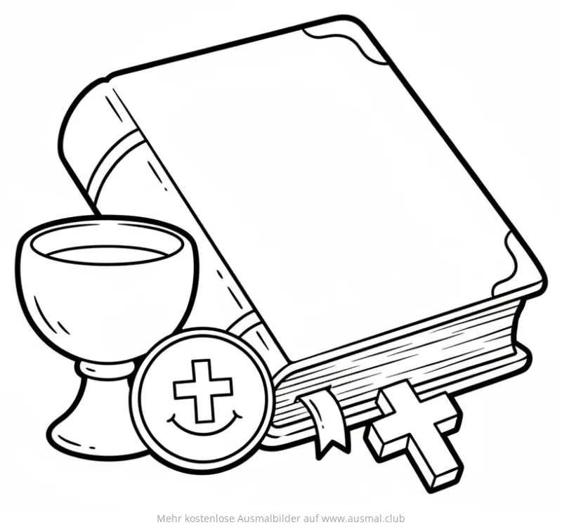 Taufe Ausmalbild mit Bibel, Kelch und Kreuz