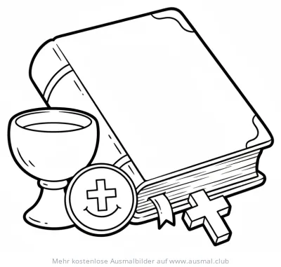 Taufe Ausmalbild mit Bibel, Kelch und Kreuz