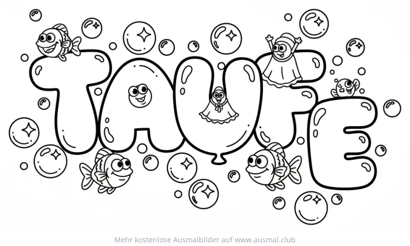 Taufe Schriftzug mit Fischen und Figuren Ausmalbild