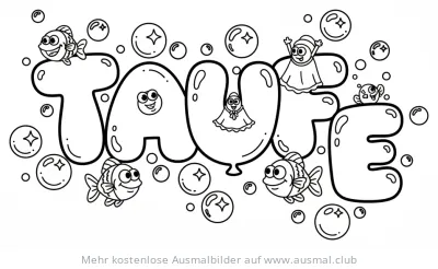 Taufe Schriftzug mit Fischen und Figuren Ausmalbild