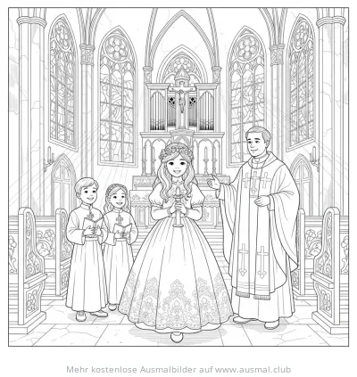 Mädchen in Kommunionskleid mit Ministranten und Priester in Kirche Ausmalbild