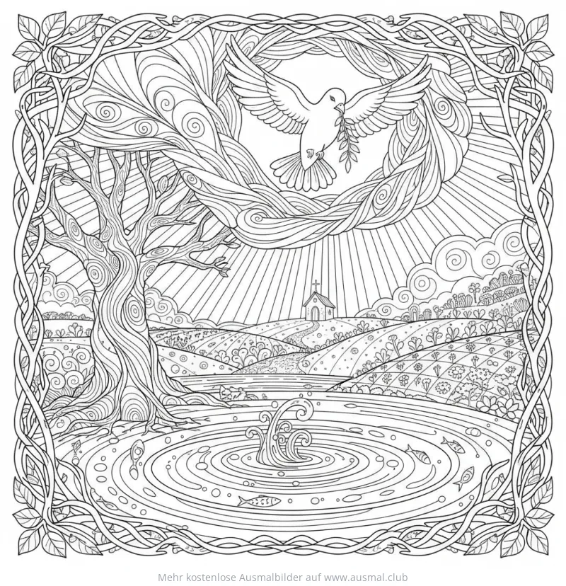 Taube mit Olivenzweig über Landschaft Ausmalbild
