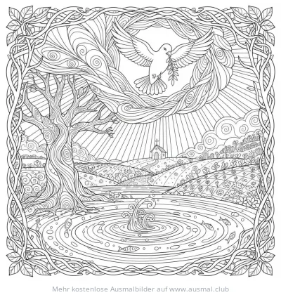 Taube mit Olivenzweig über Landschaft Ausmalbild