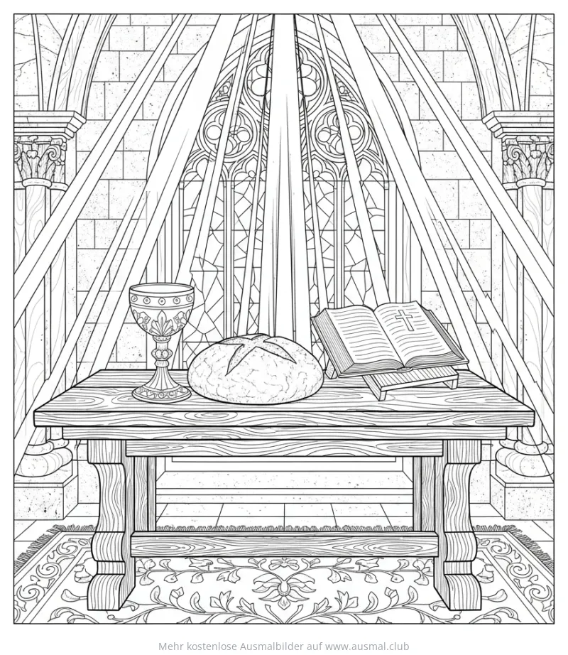 Abendmahl mit Brot, Kelch und Bibel Ausmalbild