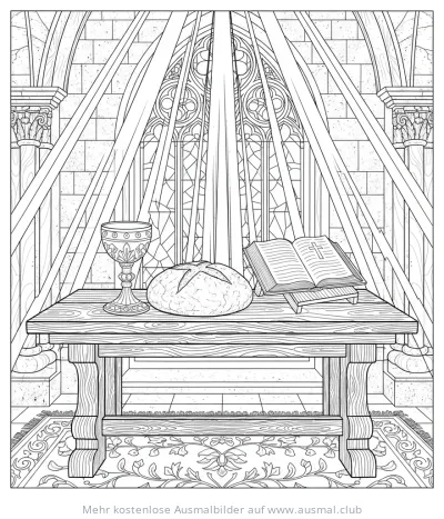 Abendmahl mit Brot, Kelch und Bibel Ausmalbild