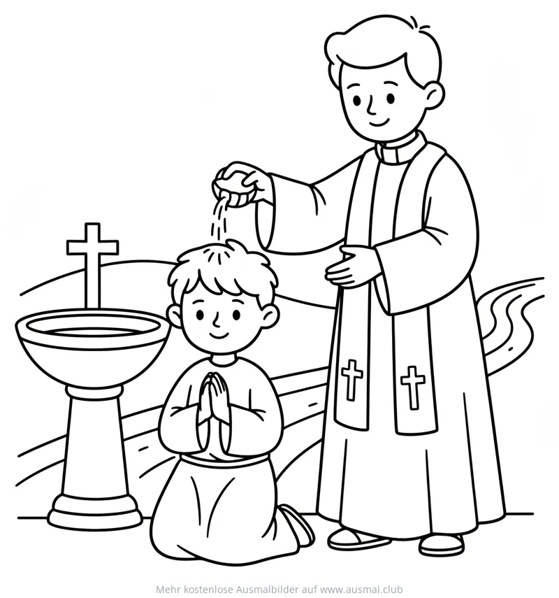 Junge bei Taufe mit Priester Ausmalbild