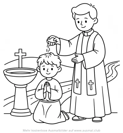 Junge bei Taufe mit Priester Ausmalbild