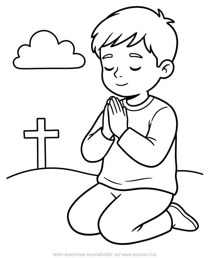 Betendes Kind vor Kreuz Ausmalbild