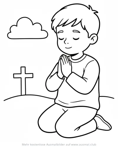 Betendes Kind vor Kreuz Ausmalbild