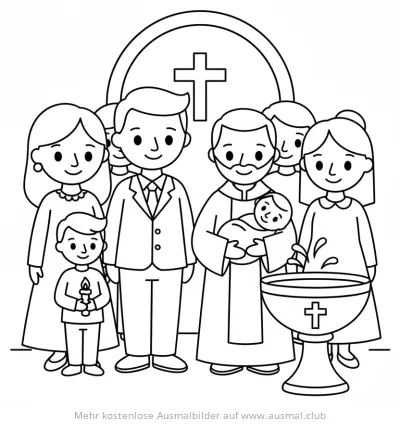Taufe Ausmalbild: Familie, Pfarrer und Baby bei der Taufe
