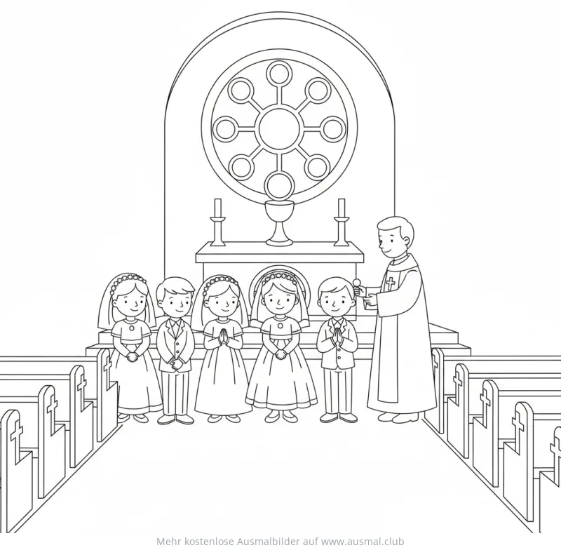 Kommunionkinder in Kirche mit Priester Ausmalbild